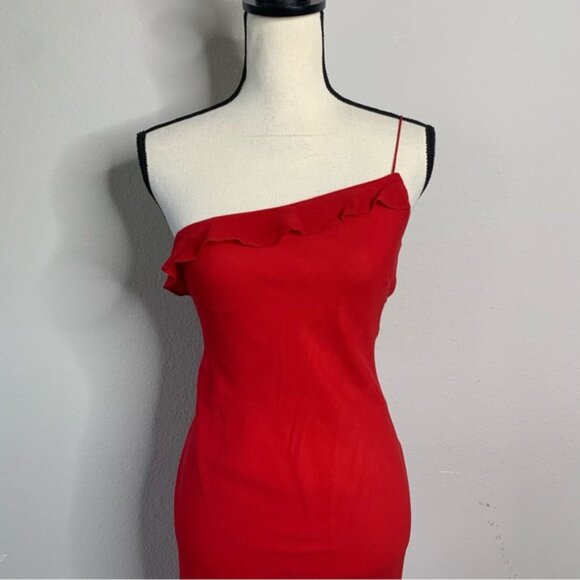 Express Red Silk One Shoulder Asymmetrical Cocktail Midi Dress - Picture 7 of 14